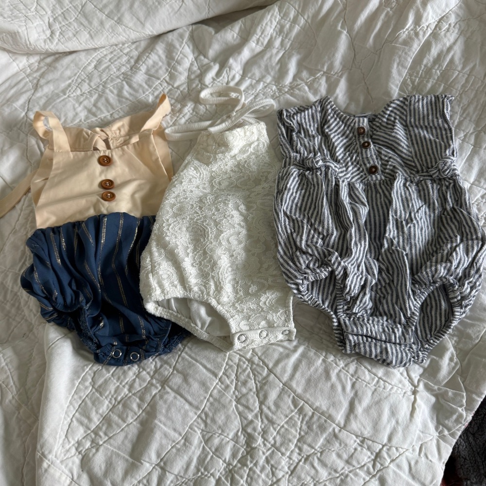 Bailey Blossom Romper Baby Girl Bundle 3-6M Striped Lace Gold Metallic Sunsuits